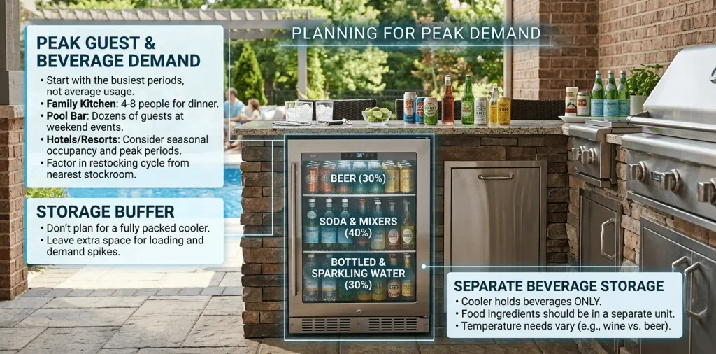 Outdoor Kitchen Refrigeration Sizing Guide: Capacity, Layout, and Beverage Cooler Selection
